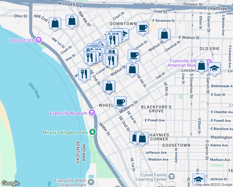 map of restaurants, bars, coffee shops, grocery stores, and more near 301 Cherry Street in Evansville