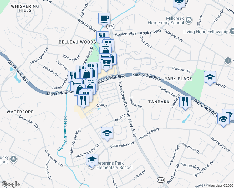 map of restaurants, bars, coffee shops, grocery stores, and more near 4336 Jasmine Rose Way in Lexington