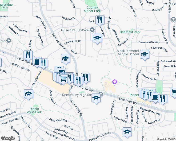 map of restaurants, bars, coffee shops, grocery stores, and more near 4701 Lone Tree Way in Antioch