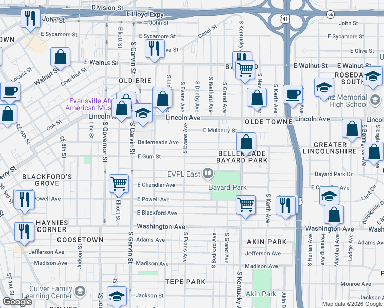 map of restaurants, bars, coffee shops, grocery stores, and more near 809 Bellemeade Avenue in Evansville