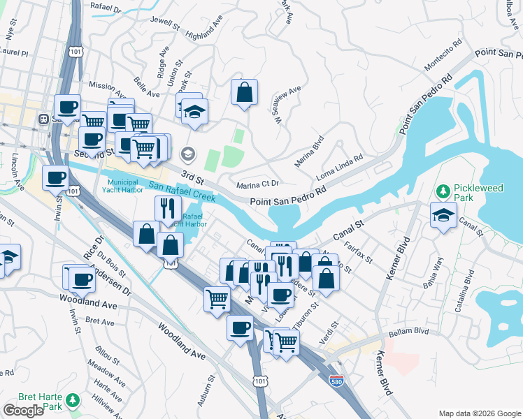 map of restaurants, bars, coffee shops, grocery stores, and more near 4 Point San Pedro Road in San Rafael