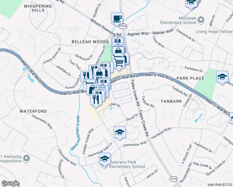 map of restaurants, bars, coffee shops, grocery stores, and more near 4236 Jasmine Rose Way in Lexington