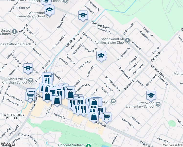 map of restaurants, bars, coffee shops, grocery stores, and more near 4356 Fairwood Court in Concord