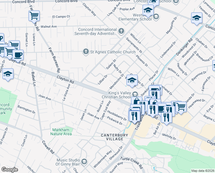 map of restaurants, bars, coffee shops, grocery stores, and more near 1521 Mendocino Drive in Concord