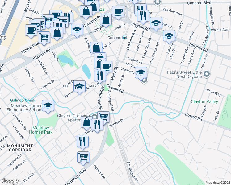 map of restaurants, bars, coffee shops, grocery stores, and more near 1198 San Miguel Road in Concord
