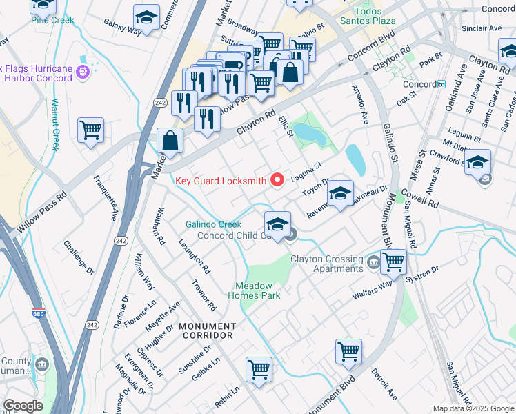 map of restaurants, bars, coffee shops, grocery stores, and more near 2000 Laguna Circle in Concord
