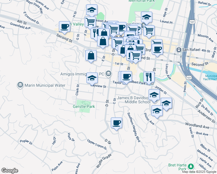 map of restaurants, bars, coffee shops, grocery stores, and more near 200 Bayview Street in San Rafael