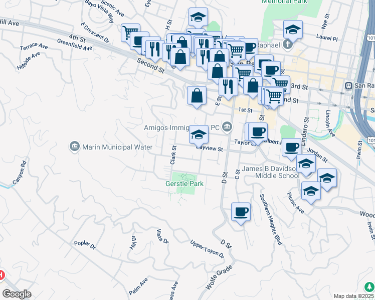 map of restaurants, bars, coffee shops, grocery stores, and more near 323 Bayview Street in San Rafael
