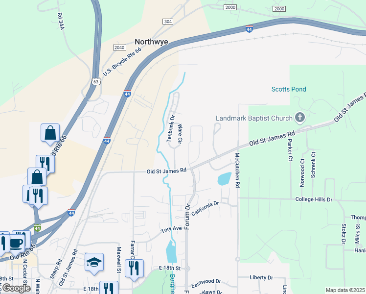 map of restaurants, bars, coffee shops, grocery stores, and more near 2125 Ware Circle in Rolla