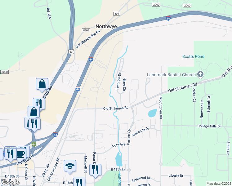 map of restaurants, bars, coffee shops, grocery stores, and more near 2125 Ware Circle in Rolla