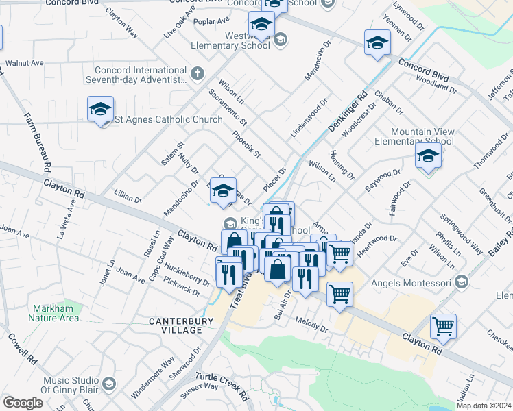map of restaurants, bars, coffee shops, grocery stores, and more near 1568 Placer Drive in Concord