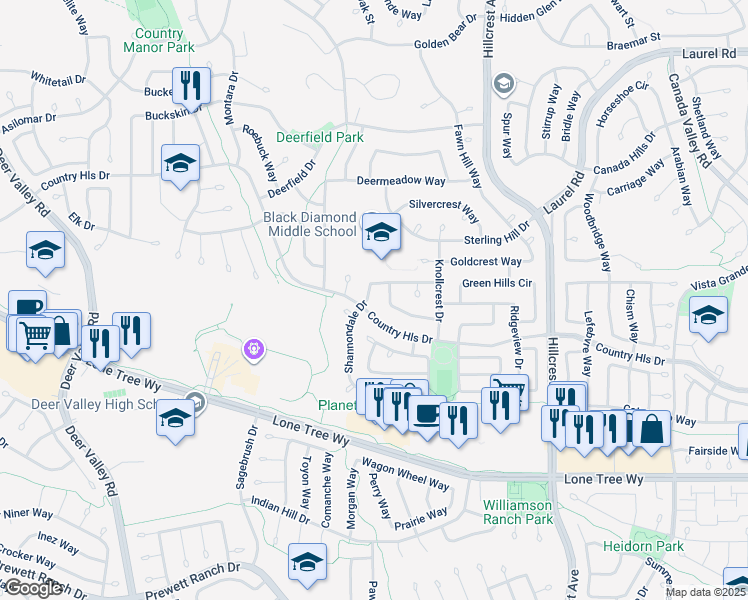 map of restaurants, bars, coffee shops, grocery stores, and more near 4608 Shannondale Drive in Antioch