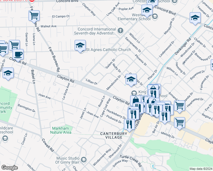 map of restaurants, bars, coffee shops, grocery stores, and more near in Clayton