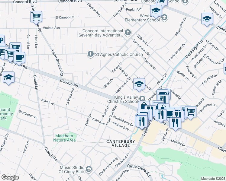 map of restaurants, bars, coffee shops, grocery stores, and more near 1521 Mendocino Drive in Concord