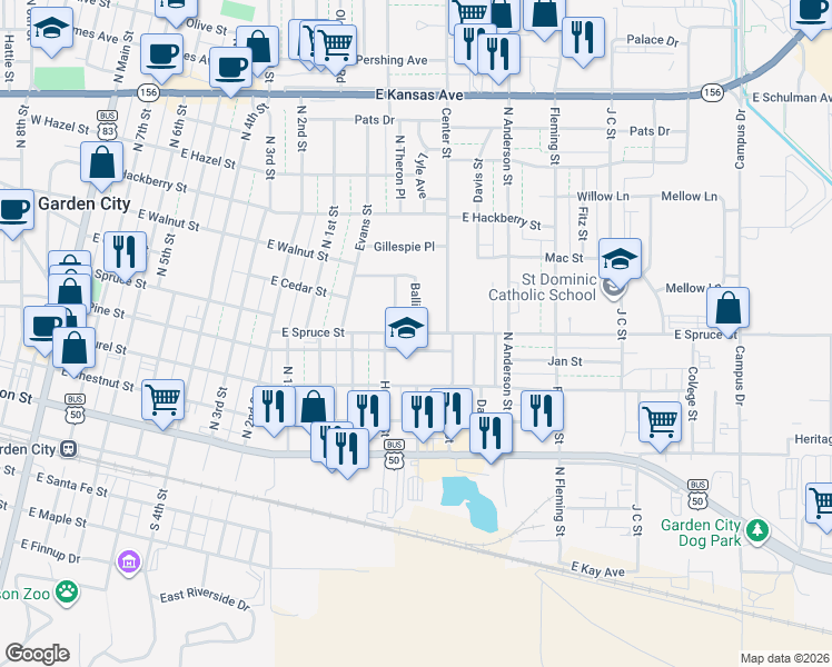 map of restaurants, bars, coffee shops, grocery stores, and more near 601 Ballinger Street in Garden City