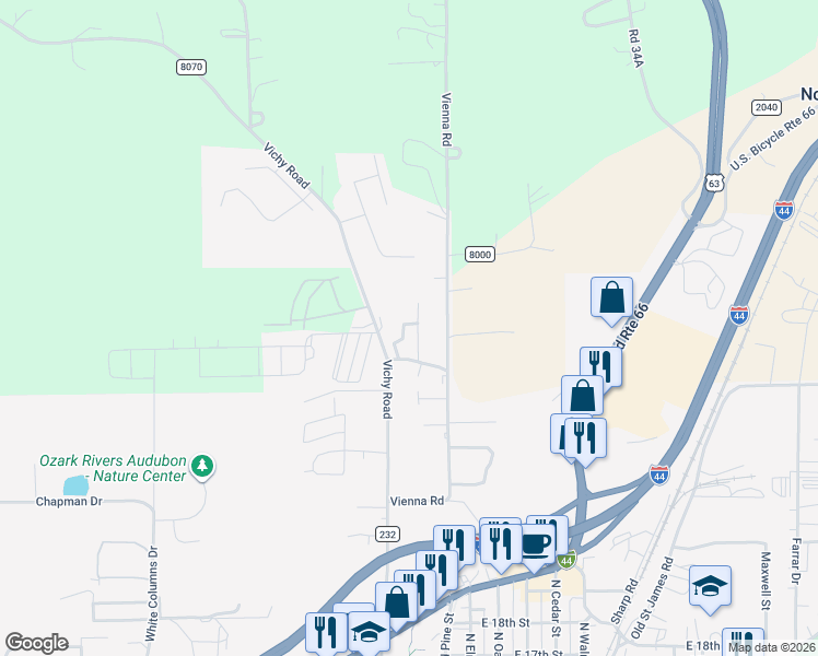 map of restaurants, bars, coffee shops, grocery stores, and more near 2430 Three Chimneys Road in Rolla