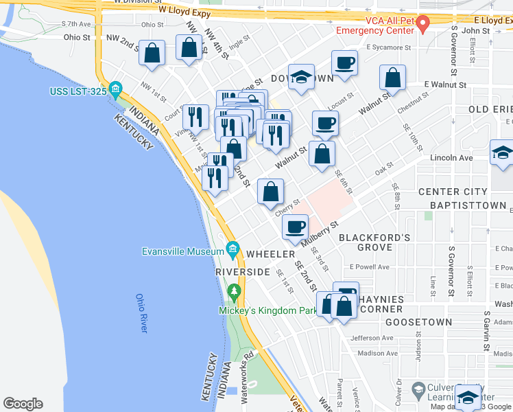 map of restaurants, bars, coffee shops, grocery stores, and more near 125 Chestnut Street in Evansville