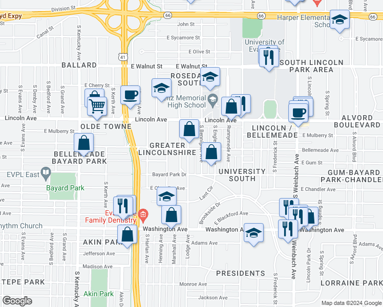 map of restaurants, bars, coffee shops, grocery stores, and more near 704 Lodge Avenue in Evansville