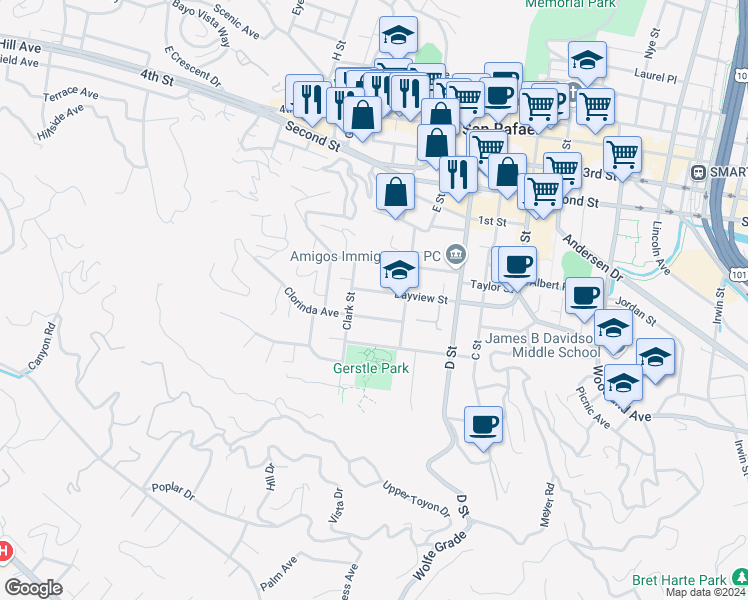 map of restaurants, bars, coffee shops, grocery stores, and more near 323 Bayview Street in San Rafael