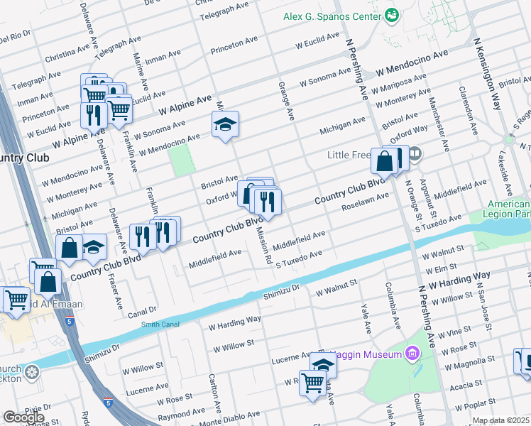 map of restaurants, bars, coffee shops, grocery stores, and more near 1855 Country Club Boulevard in Stockton