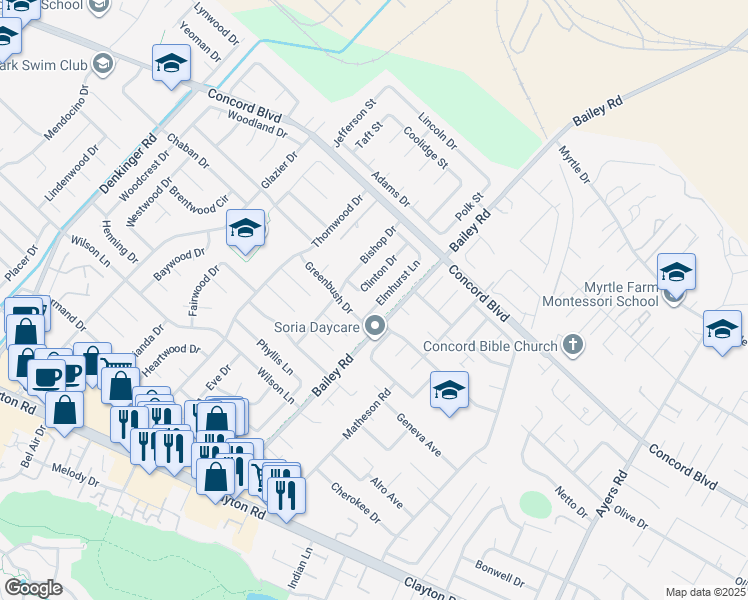 map of restaurants, bars, coffee shops, grocery stores, and more near 1733 Elmhurst Lane in Concord