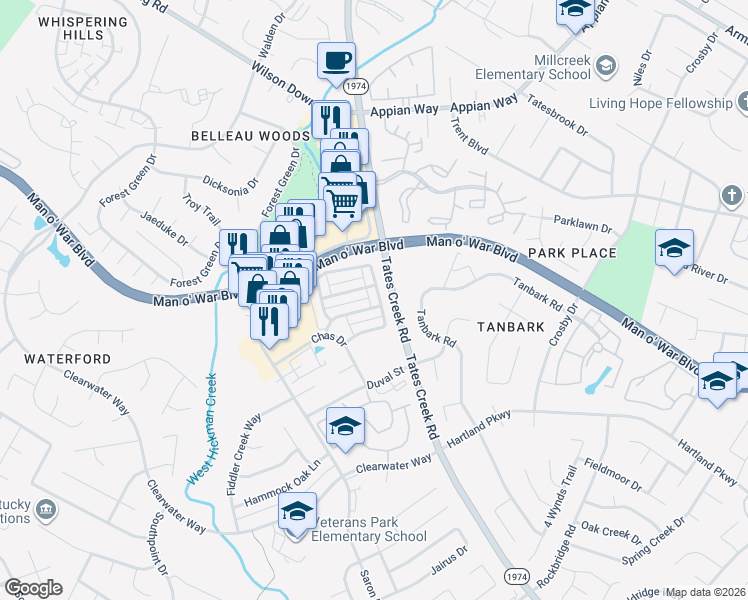 map of restaurants, bars, coffee shops, grocery stores, and more near 4336 Jasmine Rose Way in Lexington