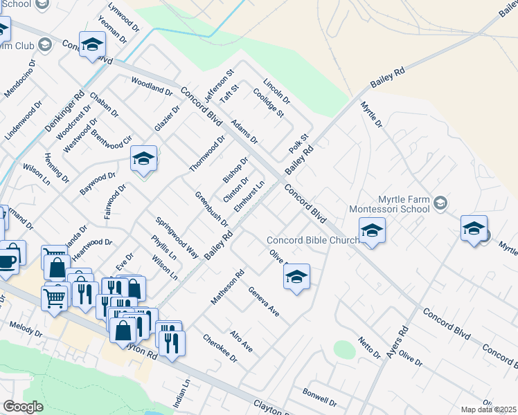 map of restaurants, bars, coffee shops, grocery stores, and more near 1751 Poplarwood Court in Concord