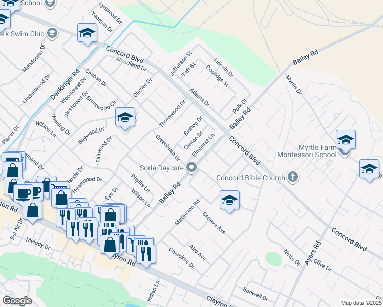 map of restaurants, bars, coffee shops, grocery stores, and more near 1733 Elmhurst Lane in Concord