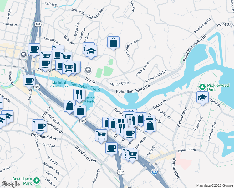 map of restaurants, bars, coffee shops, grocery stores, and more near 15 Mooring Road in San Rafael
