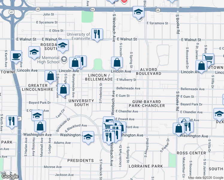map of restaurants, bars, coffee shops, grocery stores, and more near 701 South Weinbach Avenue in Evansville