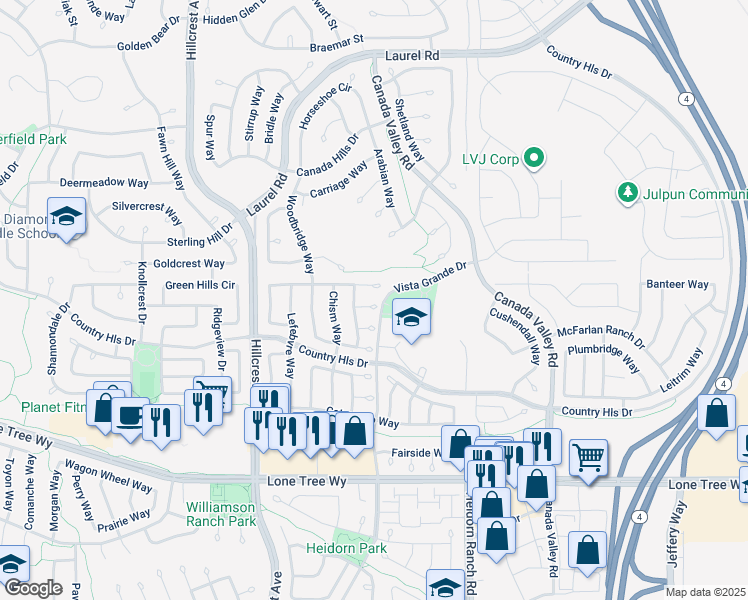 map of restaurants, bars, coffee shops, grocery stores, and more near 5153 Twincreek Court in Antioch