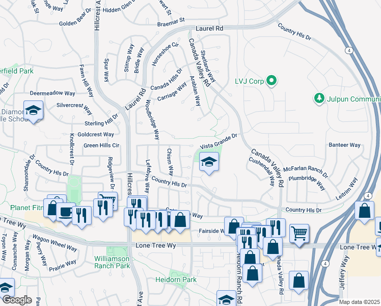 map of restaurants, bars, coffee shops, grocery stores, and more near 5153 Twincreek Court in Antioch