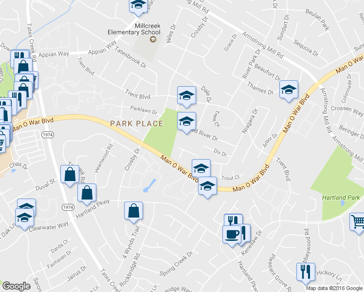 map of restaurants, bars, coffee shops, grocery stores, and more near 3841 Niagara Drive in Lexington