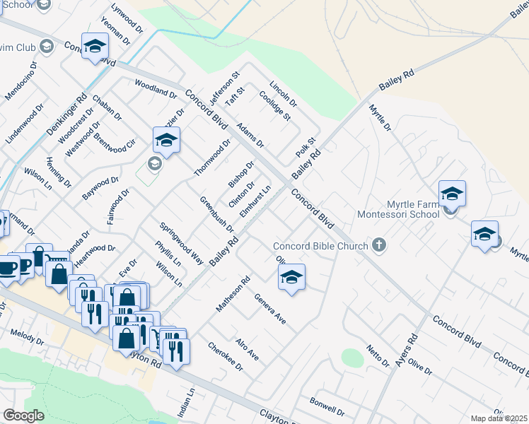 map of restaurants, bars, coffee shops, grocery stores, and more near 1751 Poplarwood Court in Concord