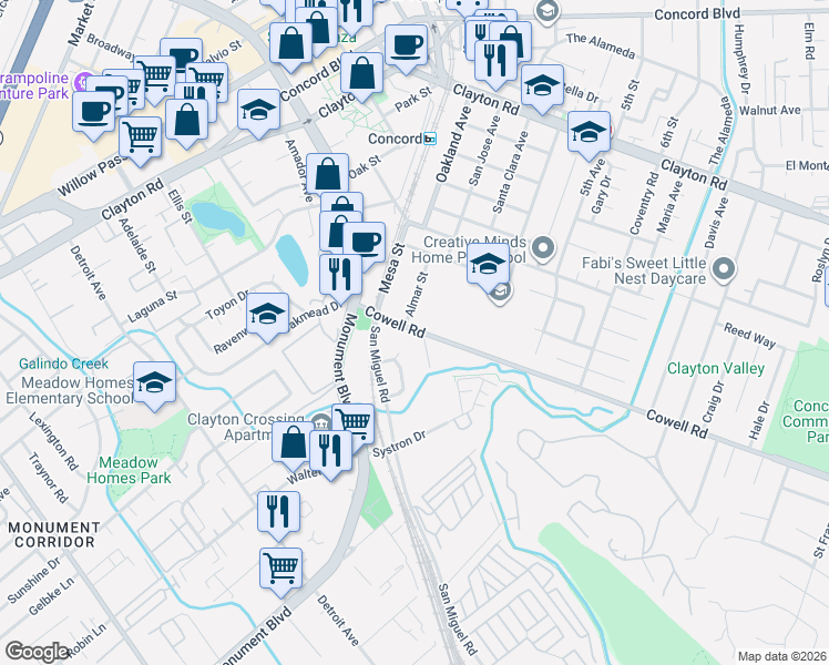 map of restaurants, bars, coffee shops, grocery stores, and more near 2819 Cowell Road in Concord