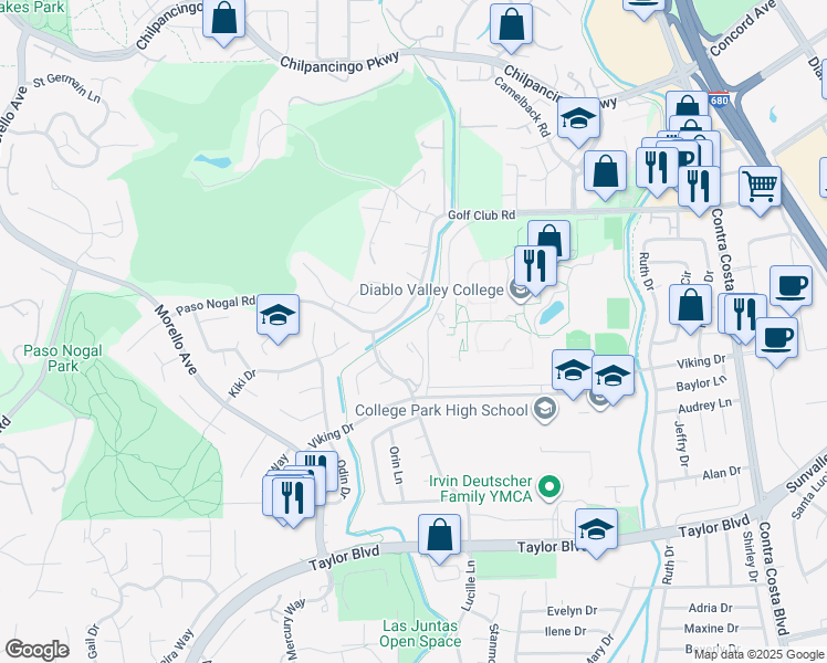map of restaurants, bars, coffee shops, grocery stores, and more near 527 Mesa Verde Place in Pleasant Hill