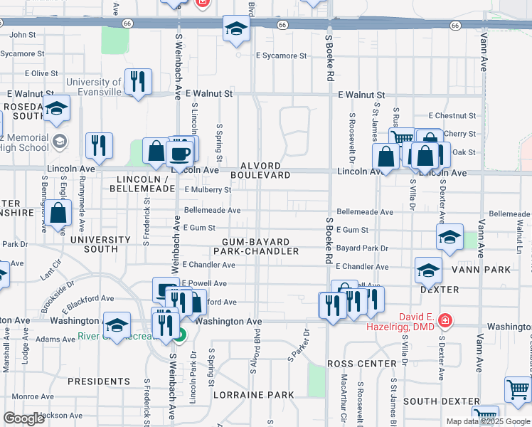map of restaurants, bars, coffee shops, grocery stores, and more near 2228-2300 Bellemeade Avenue in Evansville