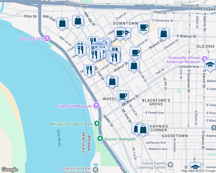map of restaurants, bars, coffee shops, grocery stores, and more near 223 Southeast 2nd Street in Evansville