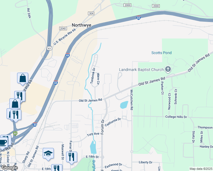 map of restaurants, bars, coffee shops, grocery stores, and more near 2100 Parkside Ave in Rolla
