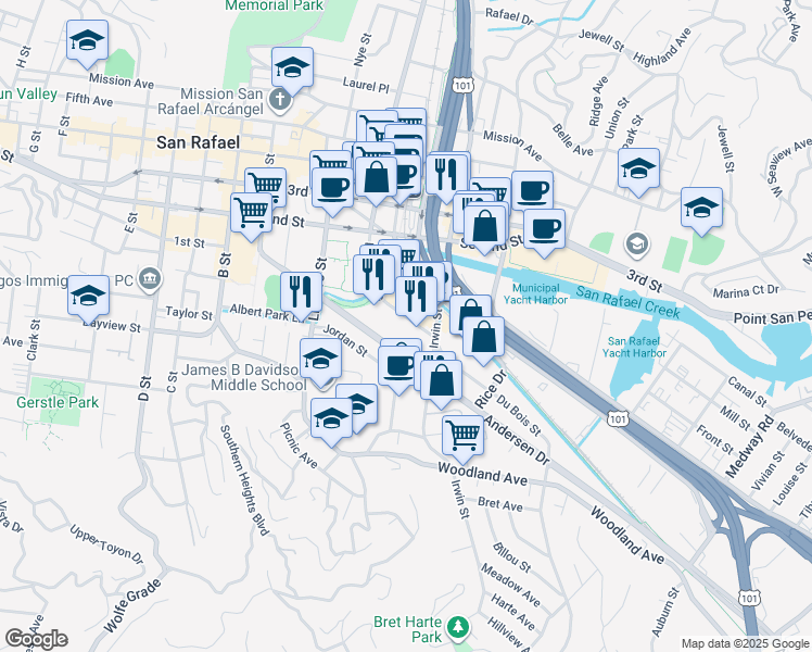 map of restaurants, bars, coffee shops, grocery stores, and more near 735 Lincoln Ave in San Rafael