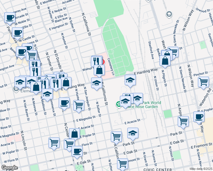 map of restaurants, bars, coffee shops, grocery stores, and more near 1301 North California Street in Stockton