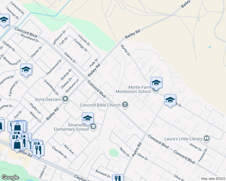 map of restaurants, bars, coffee shops, grocery stores, and more near 1804 Wildbrook Court in Concord