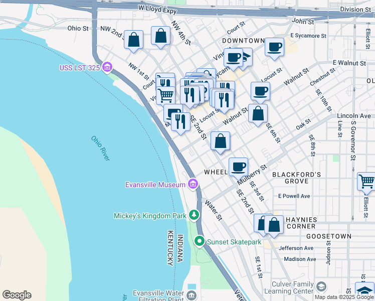 map of restaurants, bars, coffee shops, grocery stores, and more near 17 Walnut Street in Evansville