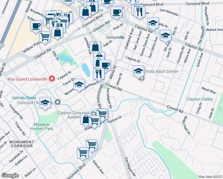 map of restaurants, bars, coffee shops, grocery stores, and more near 2714 Cowell Road in Concord