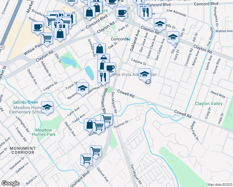 map of restaurants, bars, coffee shops, grocery stores, and more near 2714 Cowell Road in Concord