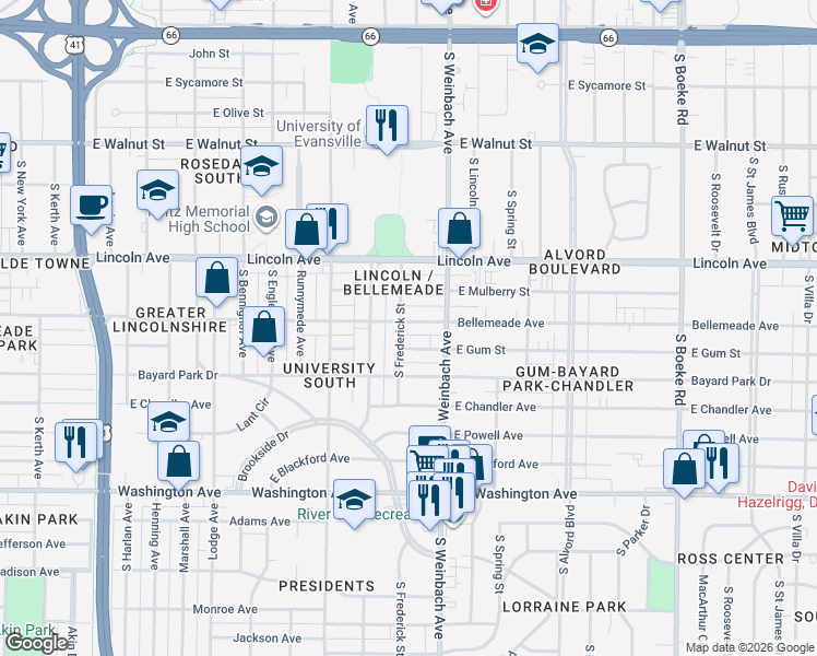map of restaurants, bars, coffee shops, grocery stores, and more near 1905 Bellemeade Avenue in Evansville