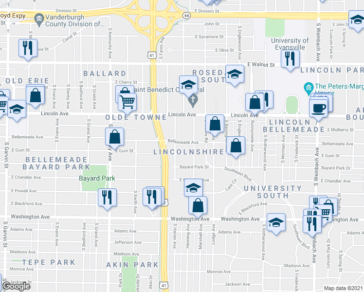 map of restaurants, bars, coffee shops, grocery stores, and more near 1313 Bellemeade Avenue in Evansville