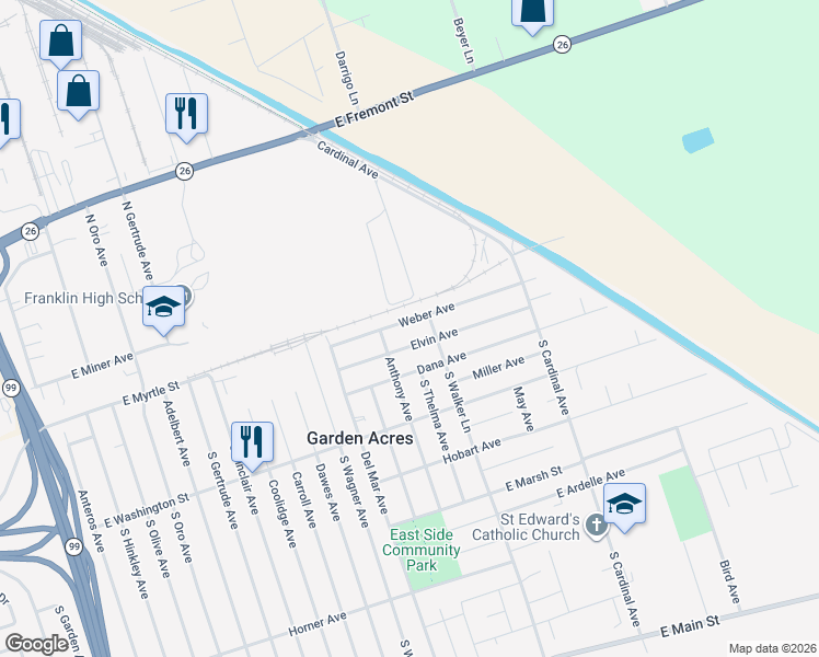 map of restaurants, bars, coffee shops, grocery stores, and more near 5120 Weber Avenue in Stockton