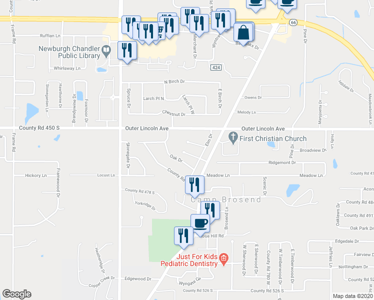 map of restaurants, bars, coffee shops, grocery stores, and more near 8188 Maple Lane in Newburgh