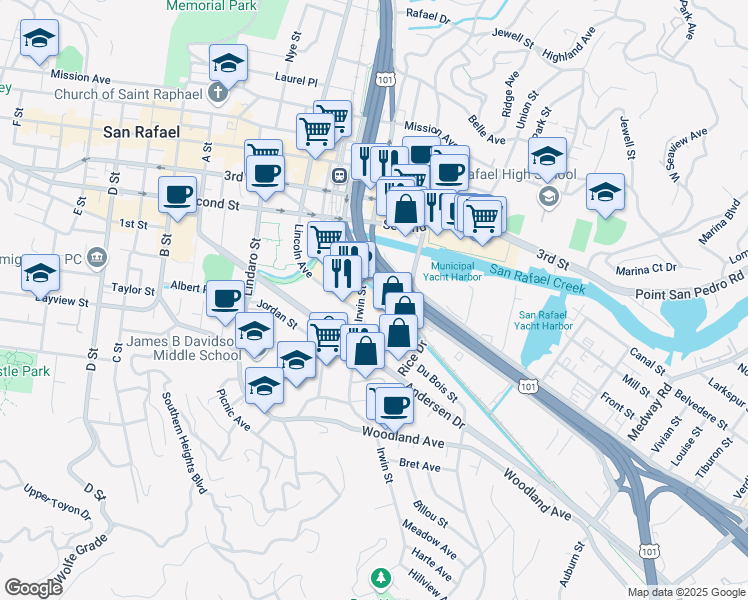 map of restaurants, bars, coffee shops, grocery stores, and more near 658 Irwin Street in San Rafael